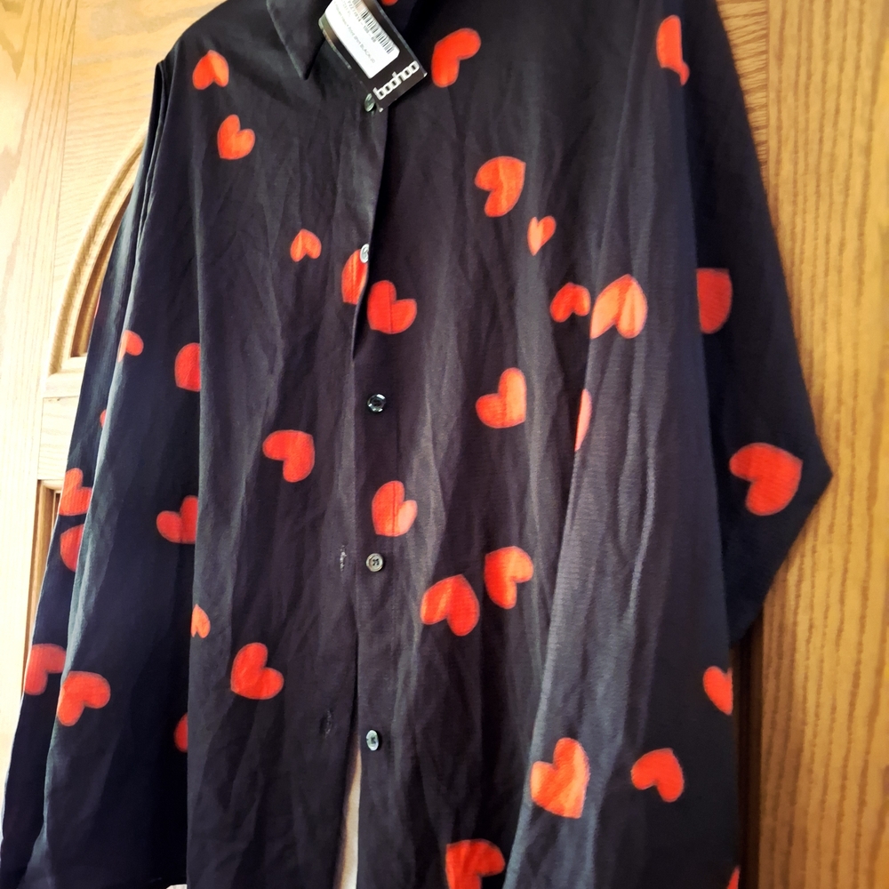 Boohoo Black Blouse with Red Heart Pattern